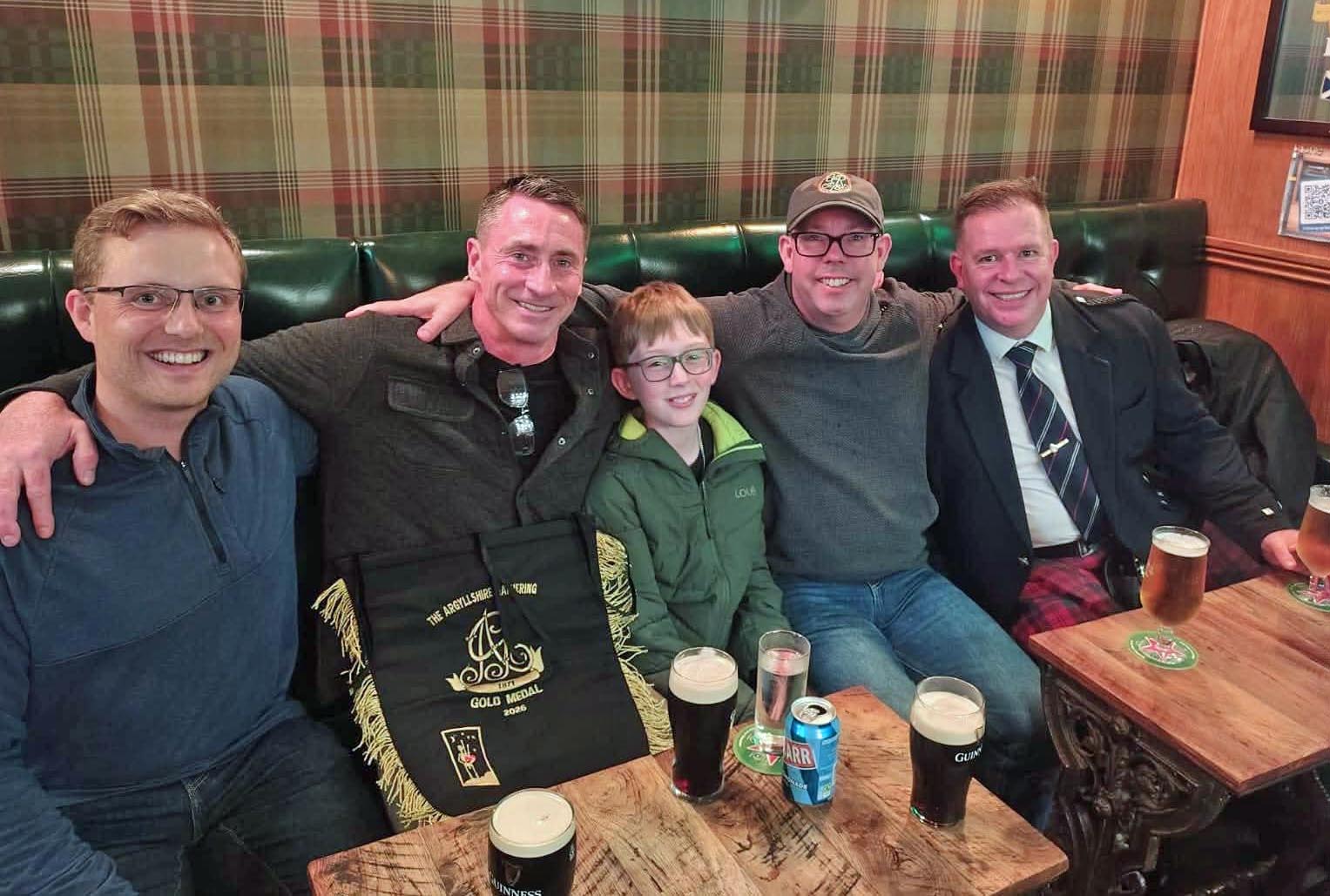 Sean McKeown (second from left) with (L-R) Joe Biggs, Charlie McKeown, Andrew Hayes and Ian K. MacDonald, Oban 2026.