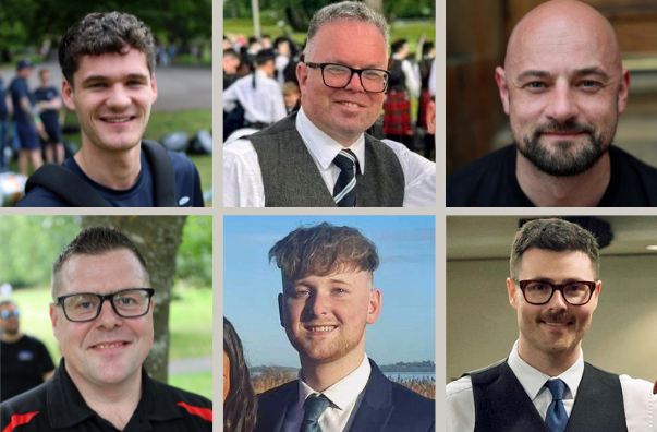 2025 World Solo Pipe Band Snare Drumming prize winners (L-R): top row: 1st Kerr McQuillan, 2nd Steven McWhirter, 3rd Steven Shedden. Bottom row: 4th Willie Glenholmes, 5th Alex Buchanan, 6th Blair Brown