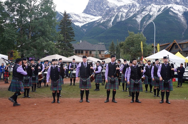 Rocky Mountain in front of a rocky mountain in the Rocky Mountains at Canmore Highland Games.