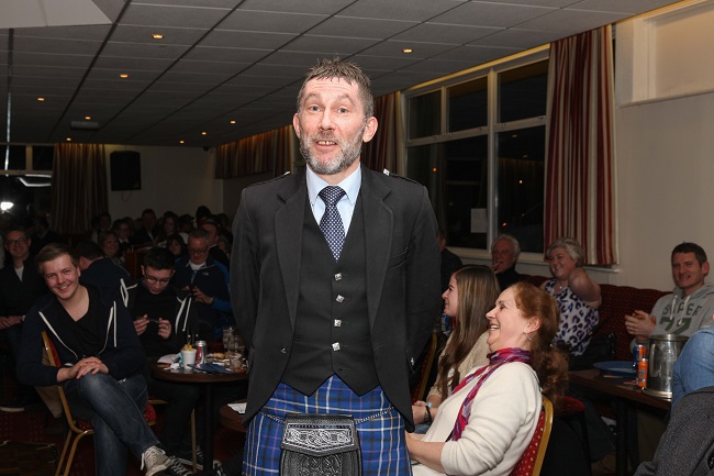 2015 Pipe-Majors Wheel of Fortune winner Brian Lamond in full joke mode at last year's event. 2015 Pipe-Majors Wheel of Fortune winner Brian Lamond in full joke mode at last year's event.