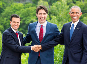 Prime Minister Justin Trudeau with Mexican President Enrique Peña Nieto and U.S. President Barack Obama, June 2016.