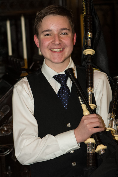 Alistair Bevan, 2017 George Sherriff Memorial Champion, with his prize Duncan MacRae pipes, donated by McCallum Bagpipes.