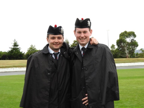 Brady Swann (right) with former Canterbury Caledonian lead-drummer James Loughlin.