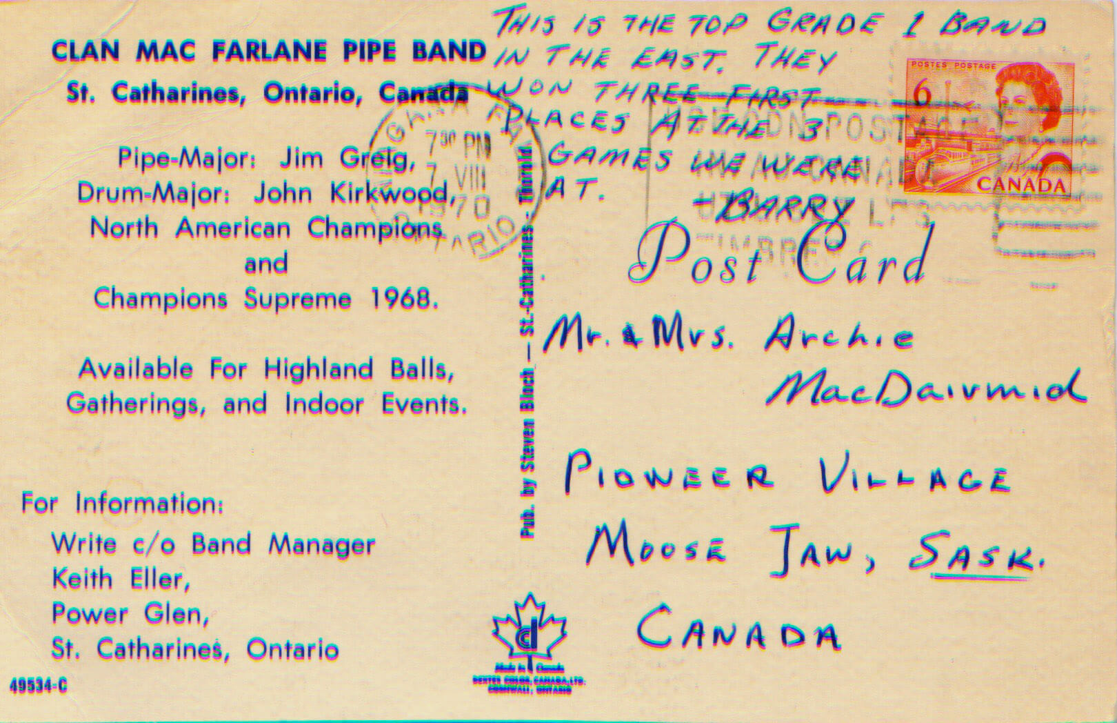 The other side of the postcard with a personal note from Barry Robinson.