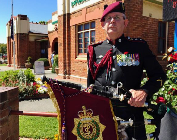 Graham Durant-Law, pipe-major of City of Queanbeyan, and Colonel Commandant New South Wales, Royal Australian Army Medical Corps Colonel.