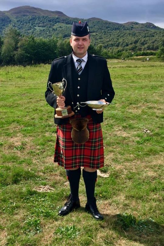 Ben Duncan with his latest solo piping winnings, this time from Newtonmore Games.