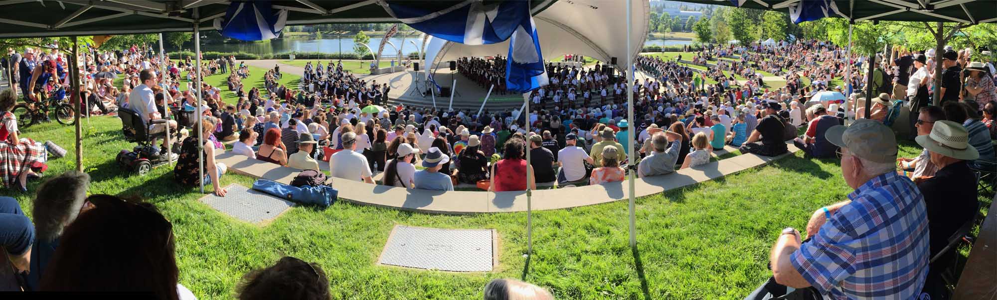 The crowd at the massed bands at the 2019 BC Highland Games.