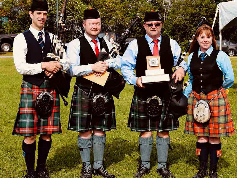 Professional Solo Piping winners at the 2019 Antigonish Highland Games (L-R): James MacHattie, Alex Gandy, Bruce Gandy and Andrea Boyd.