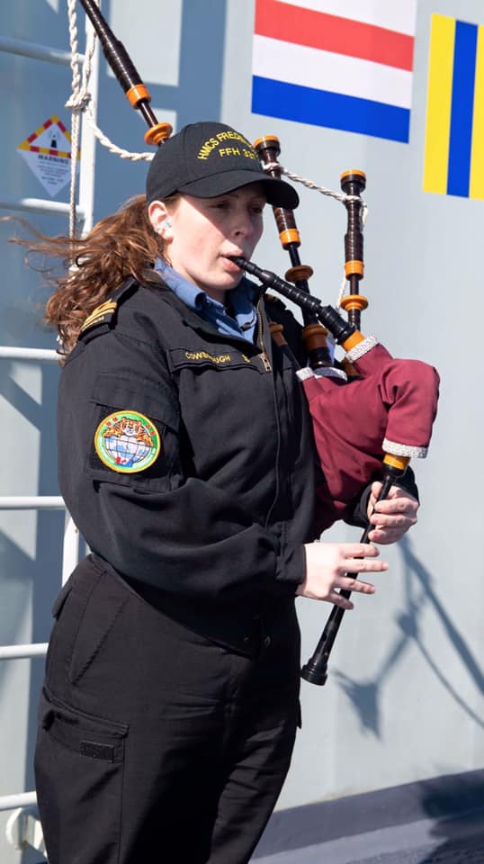 Piper Sub-Lieutenant Abbigail Cowbrough on board HMCS Fredericton, March 2020.