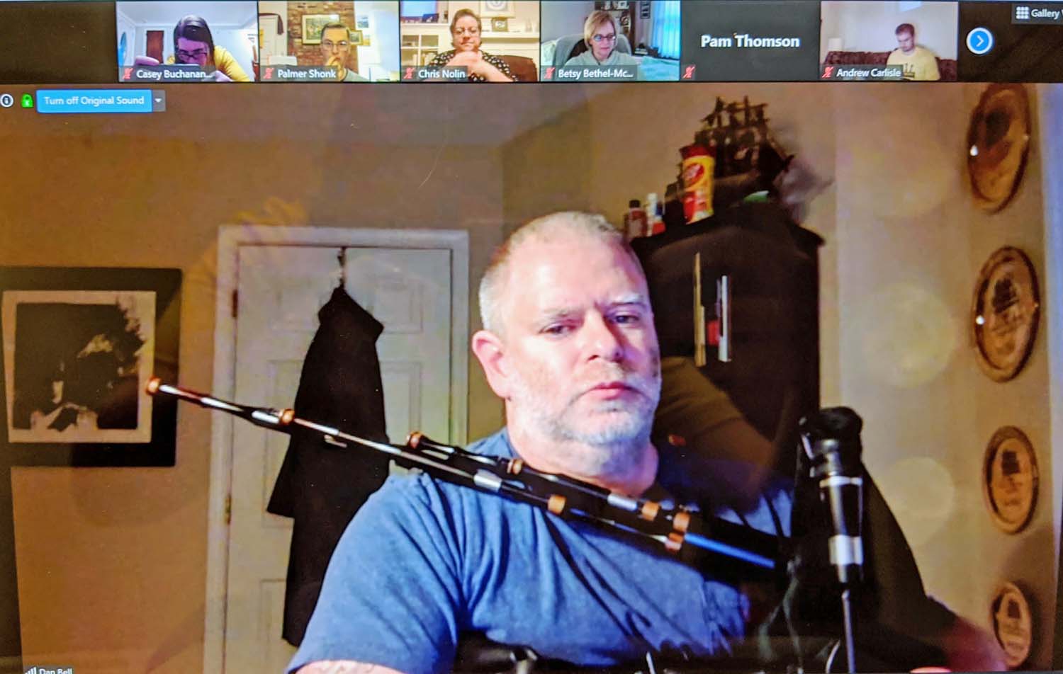 Pittsburgh Piping Society member Dan Bell performs on Scottish smallpipes for the nearly 50 who joined on Zoom.