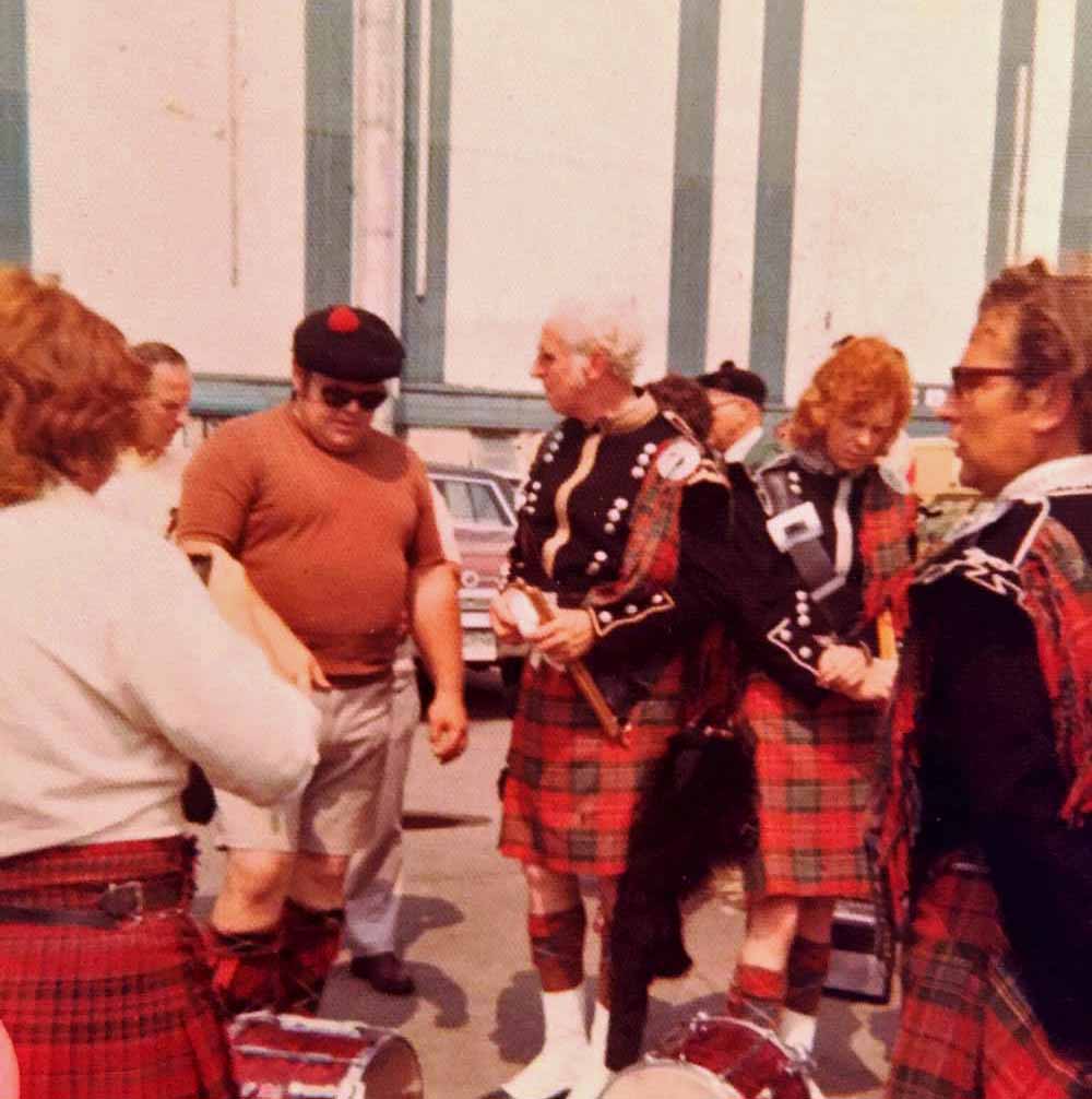 Angus Longphee, wearing sunglasses at the left, with the legendary Alex Duthart of Shotts & Dykehead Caledonia at the Inter-Continental Pipe Band Championships in Toronto, c.1978. The great drummer Jim Hutton is at far right.