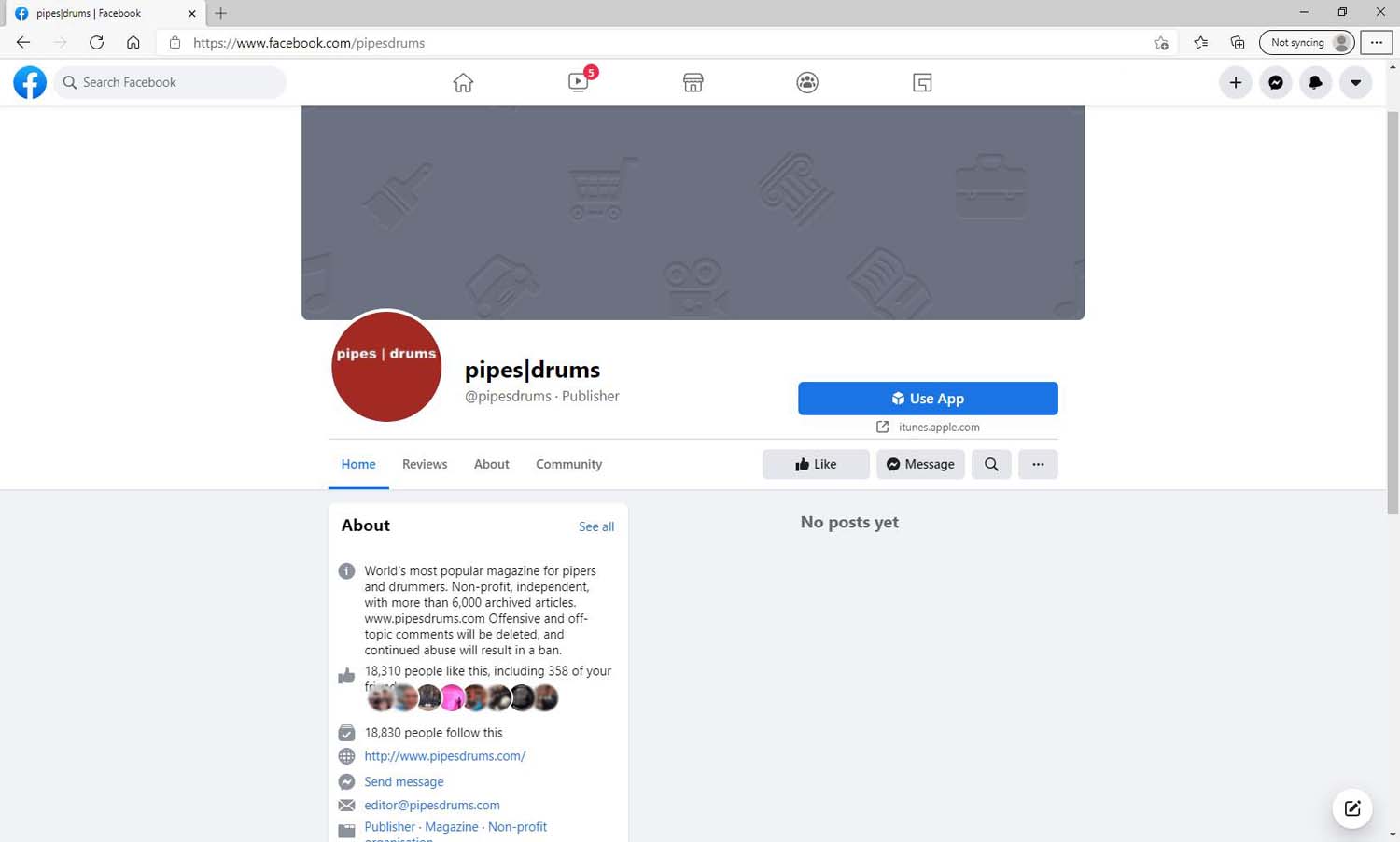 How the pipes|drums Facebook page appears in Australia on a desktop browser.