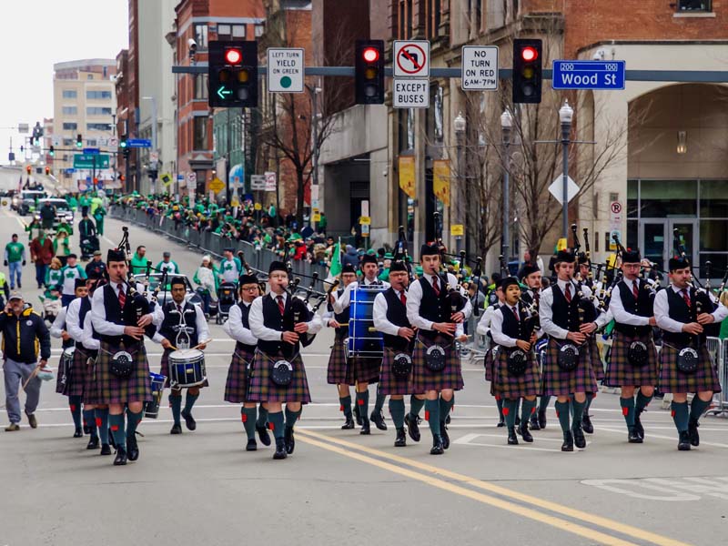 Carnegie Mellon Pipes & Drums leading the Pittsburgh St. Patrick's Day Parade, 2019.