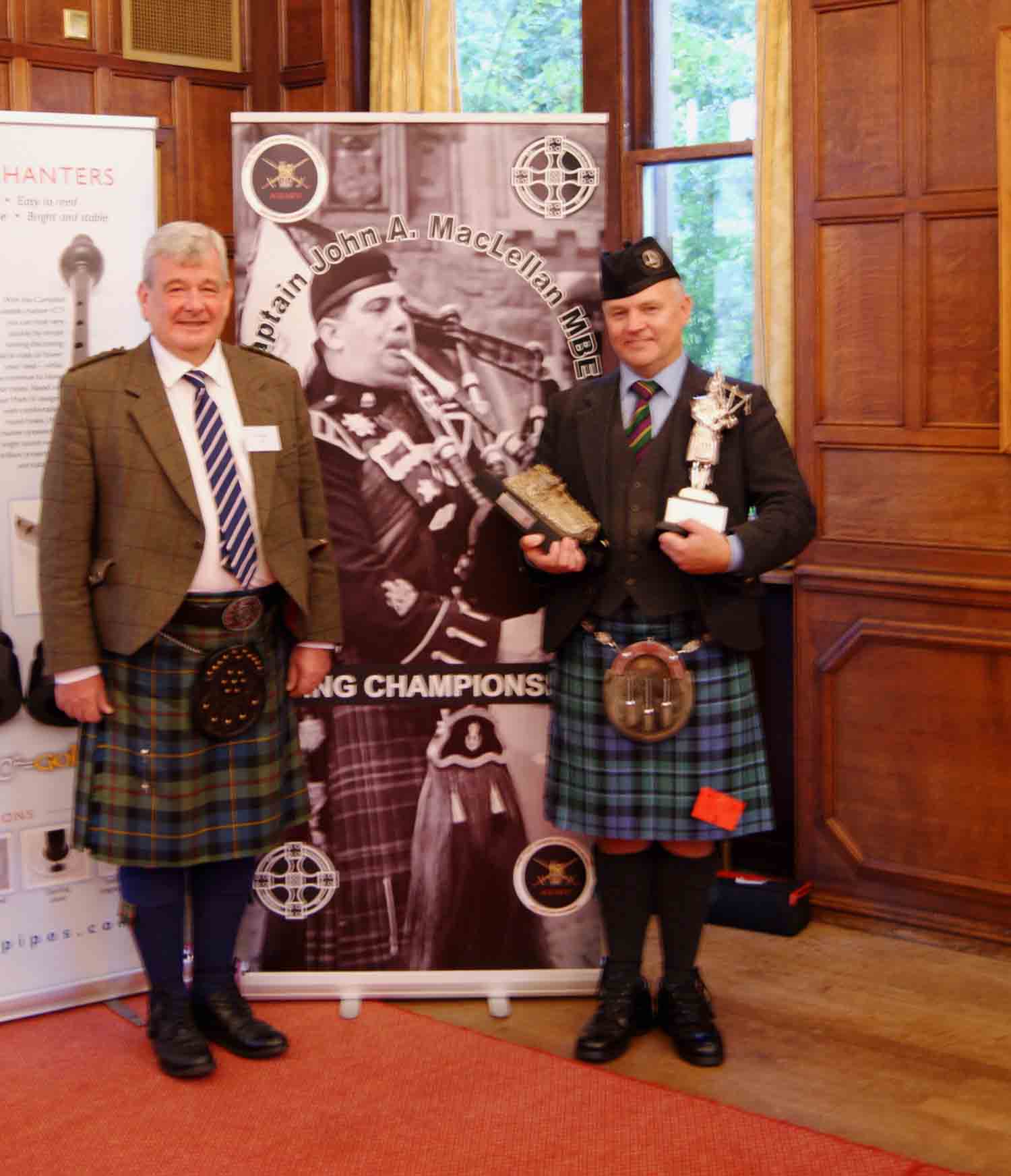 Overall Premier Grade winner Stuart Liddell (right) and Colin R. MacLellan at the annual Capt. John A. MacLellan MBE Memorial Solo Piping Competition in Edinburgh, October 2, 2021.