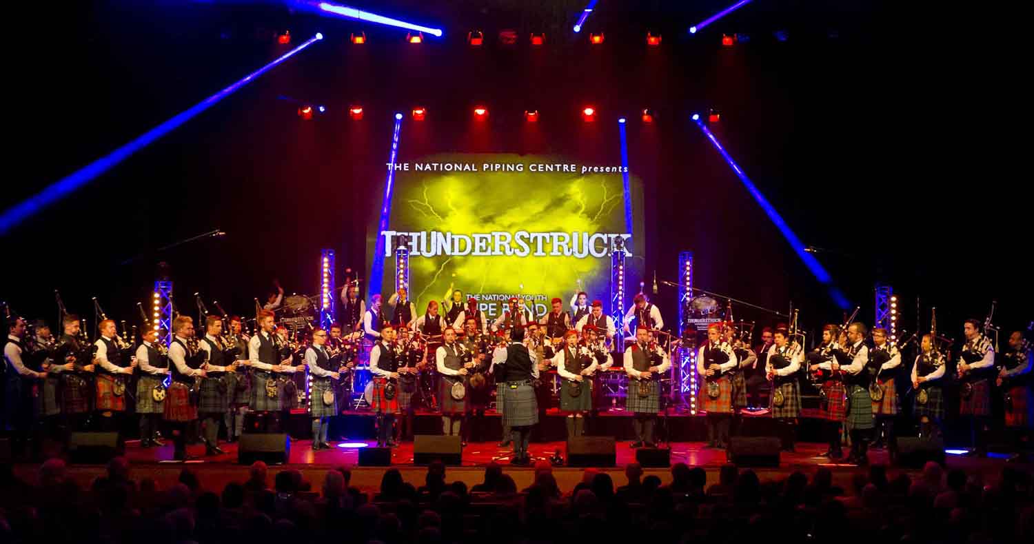The National Youth Pipe Band of Scotland performing it "Thunderstruck" concert in 2017.