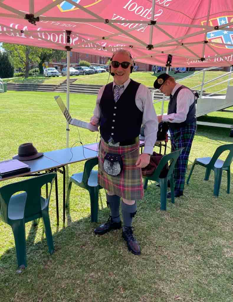 Piping judge David Telford with laptop and headset, about to trial "Voice Critiques" software at the Scots School Albury event in Victoria, Australia.